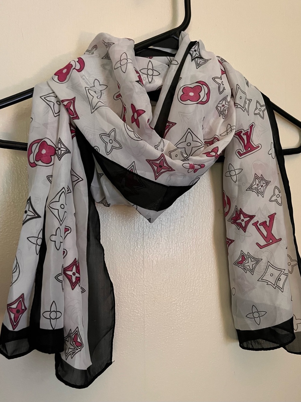 Louis Vuitton Sheer White Scarf with Pink Monogram and Black Trim